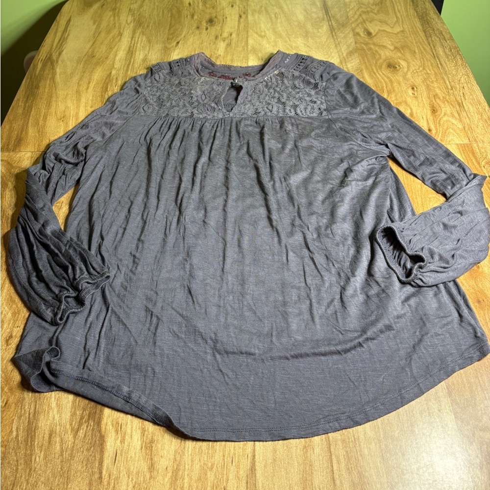 Knox Rose Grey Blue Long Sleeve Peasant Embroidered Stretch Top Womens Size XXL